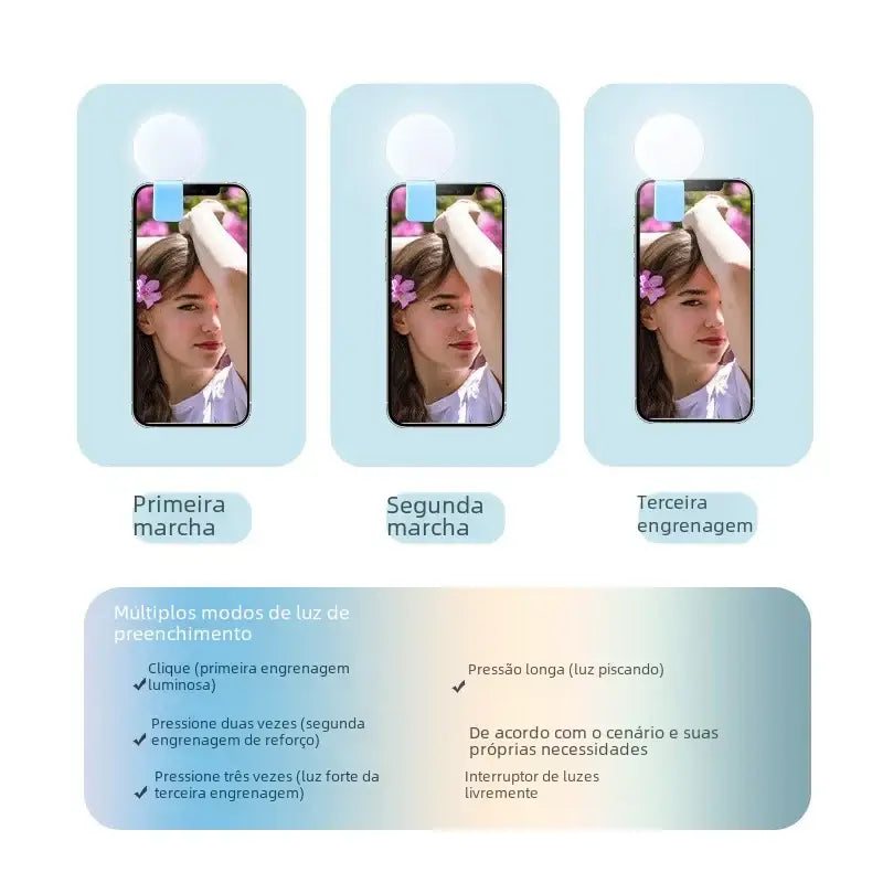 A sleek, light blue phone clip with a circular white led light at the top.