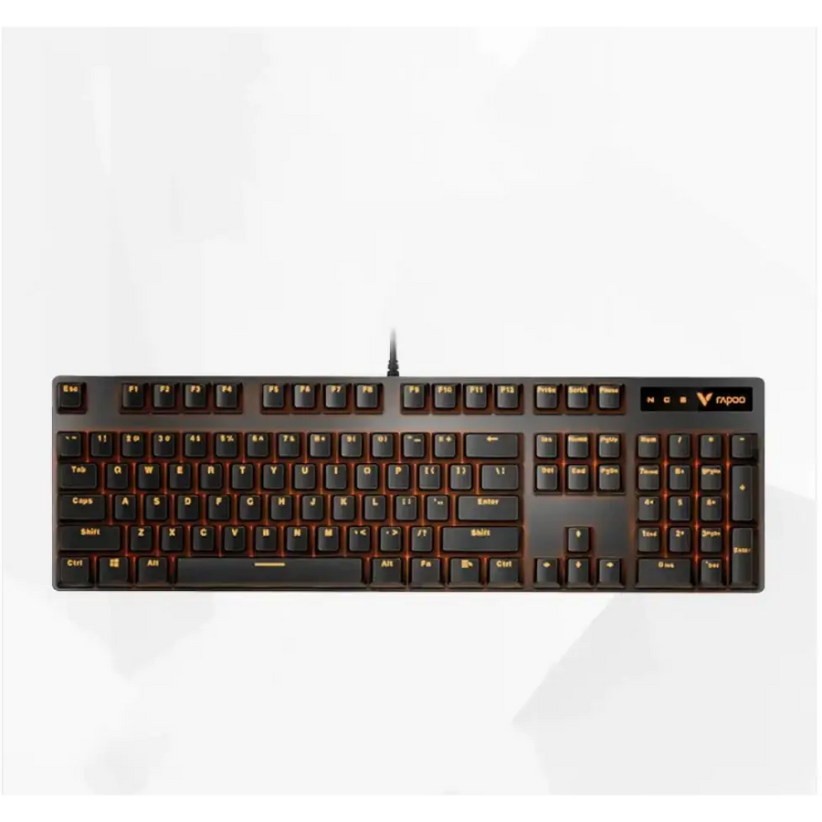 Black mechanical keyboard with orange backlighting and a vapo model logo on the upper right corner.