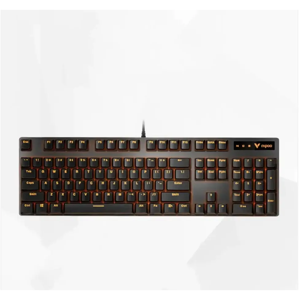 Black mechanical keyboard with orange backlighting and a vapo model logo on the upper right corner.