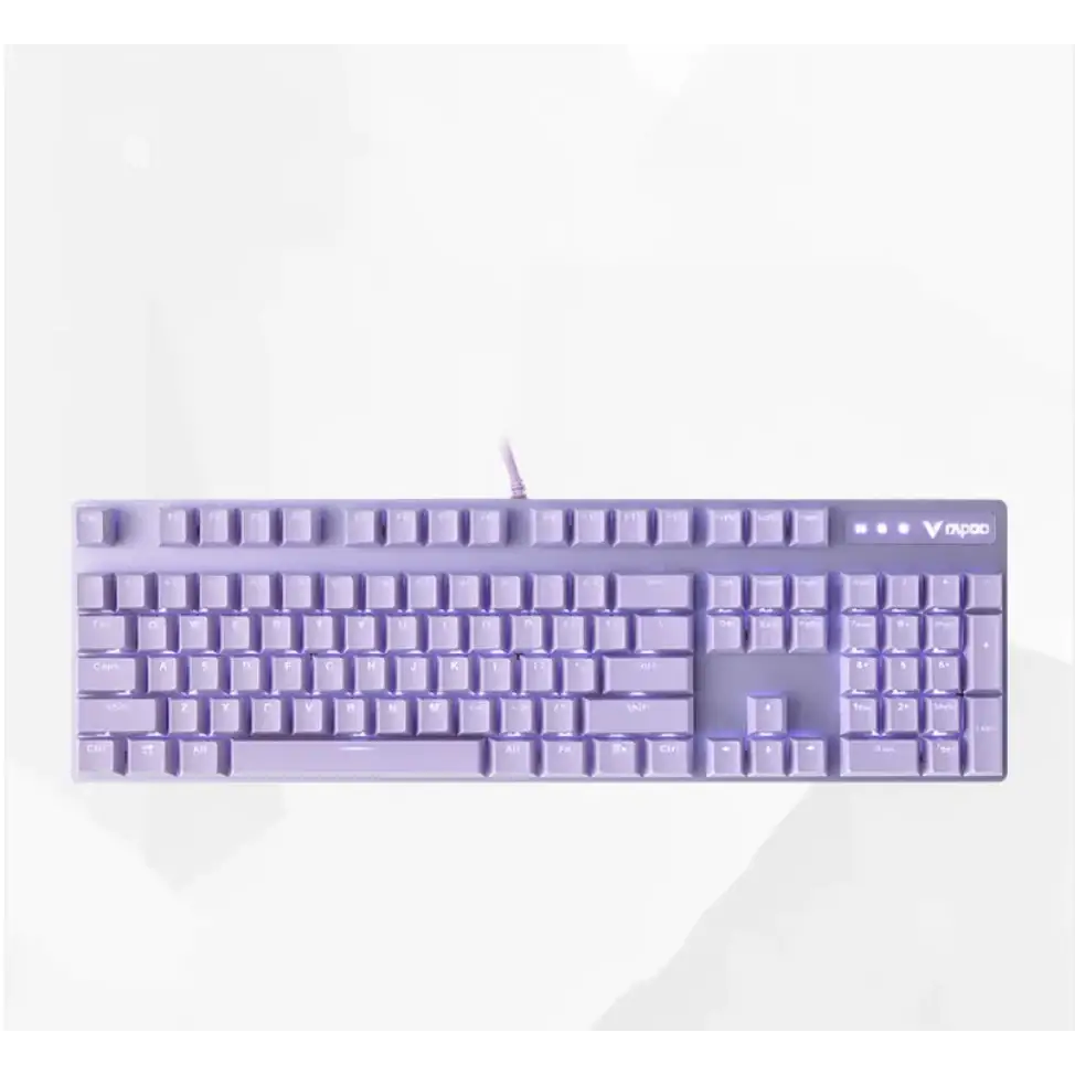 A lavender-colored, full-size mechanical keyboard with a sleek design and the ’vipad’ brand logo on the upper right corner.