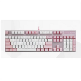 A sleek, full-sized mechanical keyboard with a minimalist design featuring white and soft pink keycaps arranged in an ergonomic layout.