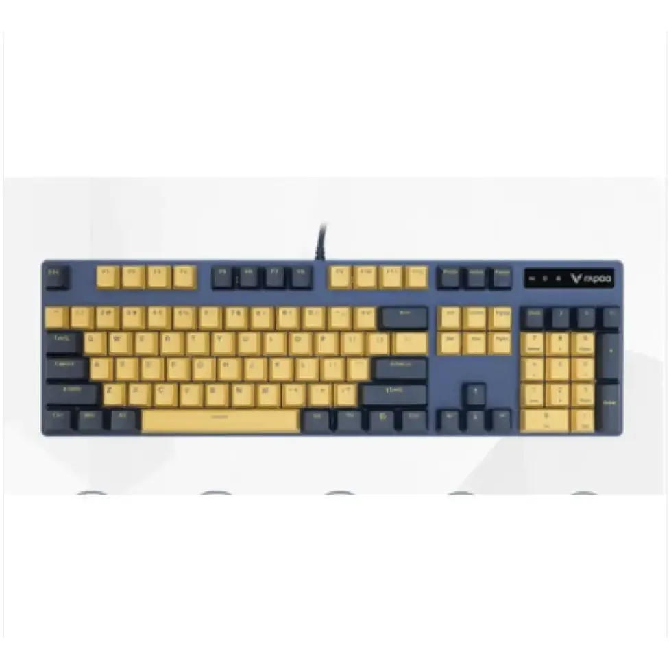 A sleek blue and gold mechanical keyboard with a distinctive two-tone keycap design, featuring the vapor brand logo on its top right corner.