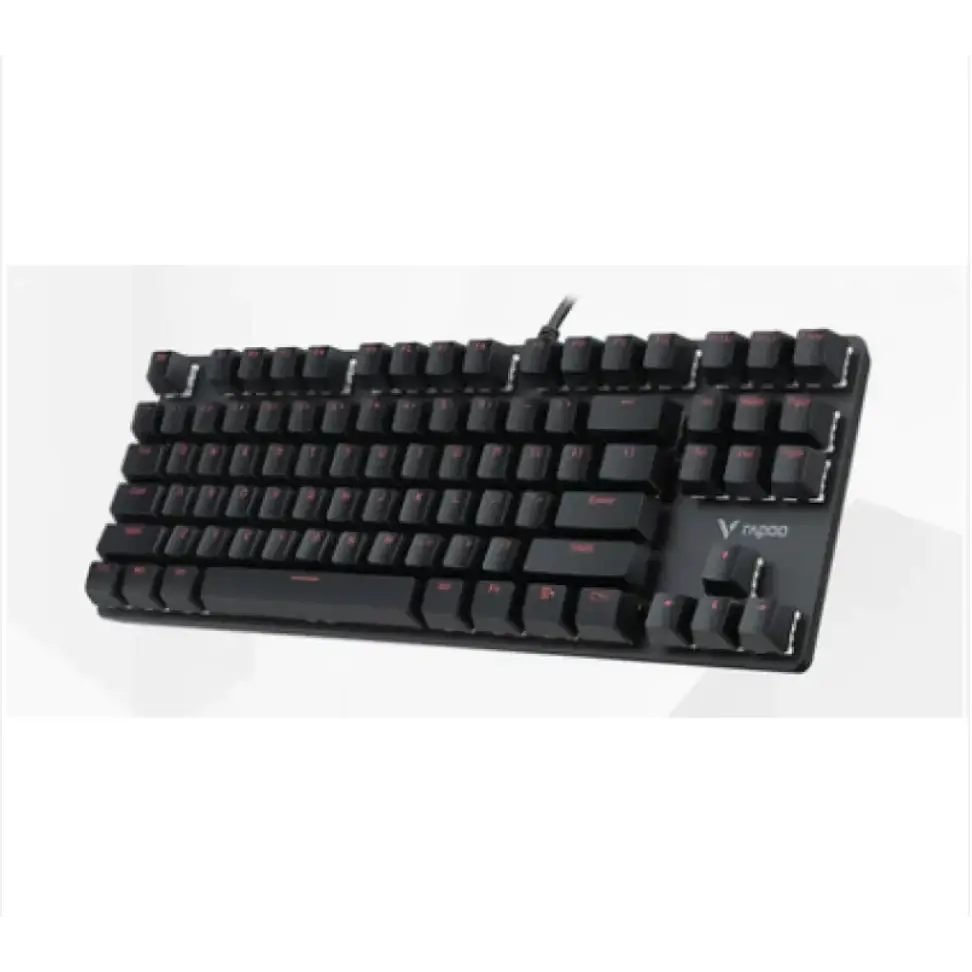 Black mechanical keyboard with red backlighting and a vapo brand logo on the lower right corner