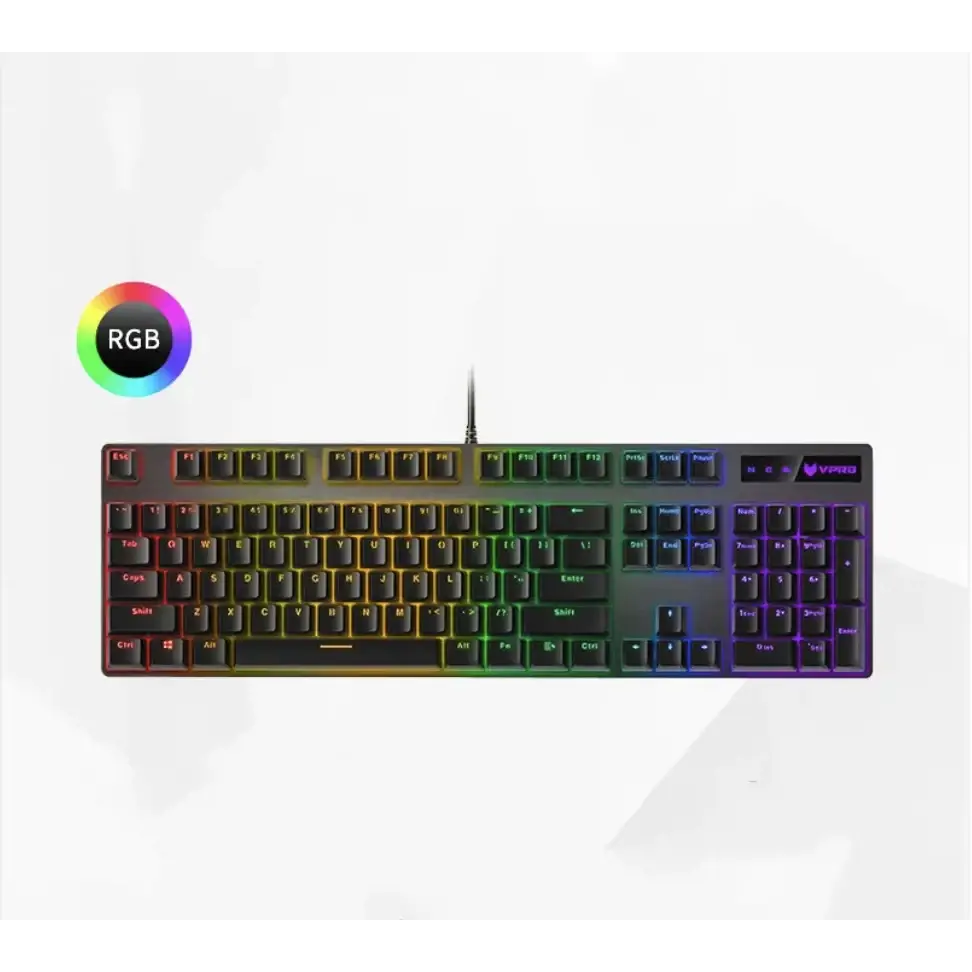 Black vortex rgb mechanical keyboard with colorful backlighting across the keys