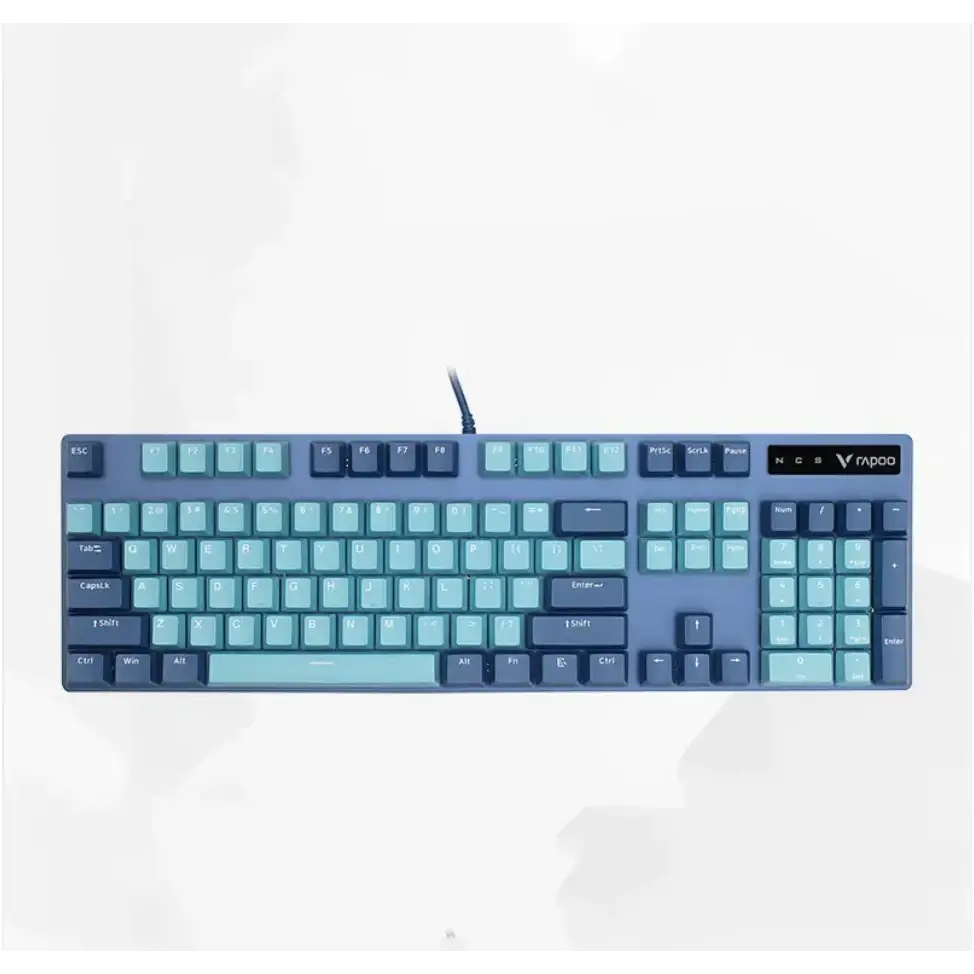 A sleek, full-size mechanical keyboard with a dual-tone blue and teal keycap design on a dark gray chassis.