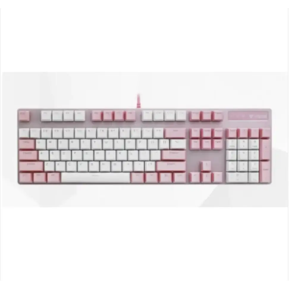 A sleek, full-sized mechanical keyboard with a minimalist design featuring white and soft pink keycaps arranged in an ergonomic layout.