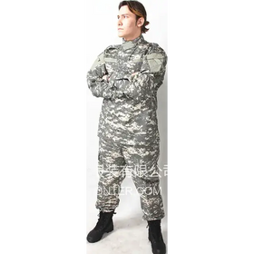 A man wearing a full camouflage military uniform with matching pants and black combat boots.