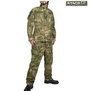 The atacs fg camouflage tactical uniform set, featuring a detailed digital pattern in shades of green and brown with reinforced pockets and durable fabric.