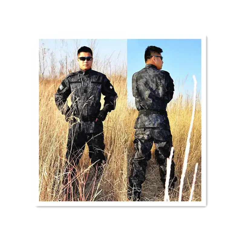 Black digital camouflage tactical uniform set.