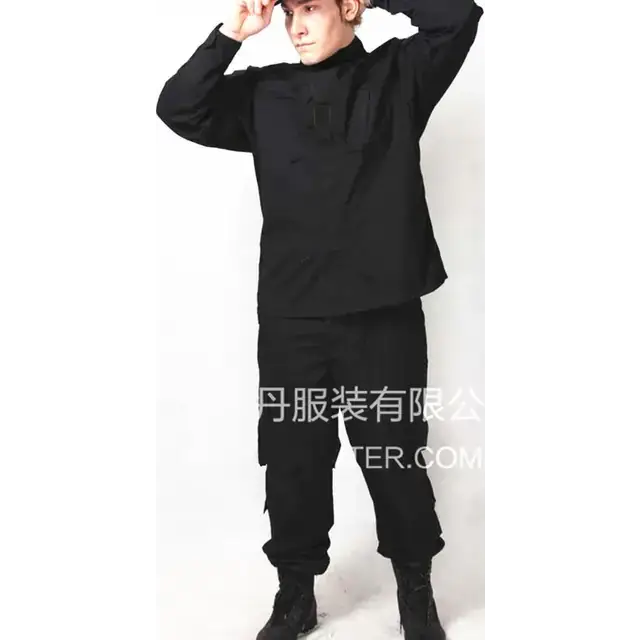 Black tactical uniform set featuring a long-sleeved shirt with chest pockets and matching cargo pants.
