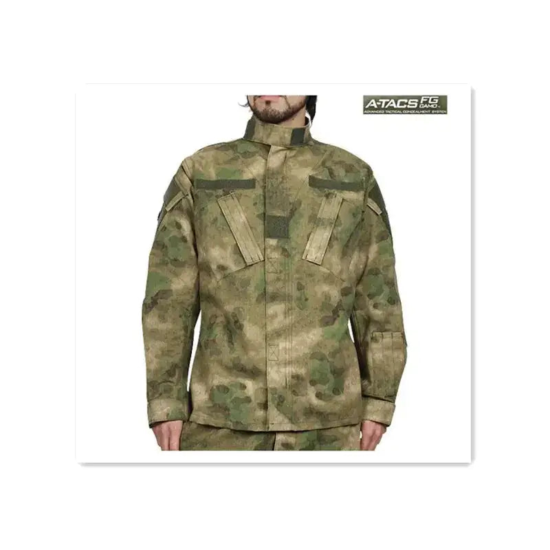 A camouflage-patterned tactical jacket with a high collar, reinforced shoulder patches, and multiple utility pockets.