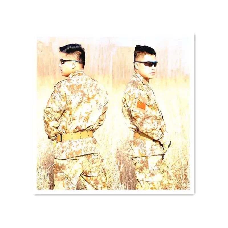 A desert camouflage military uniform with a tan and brown pattern, featuring a chinese flag patch on the left shoulder.