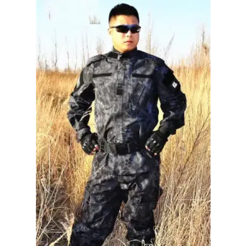 Black and gray camouflage tactical uniform with reinforced seams and utility pockets.