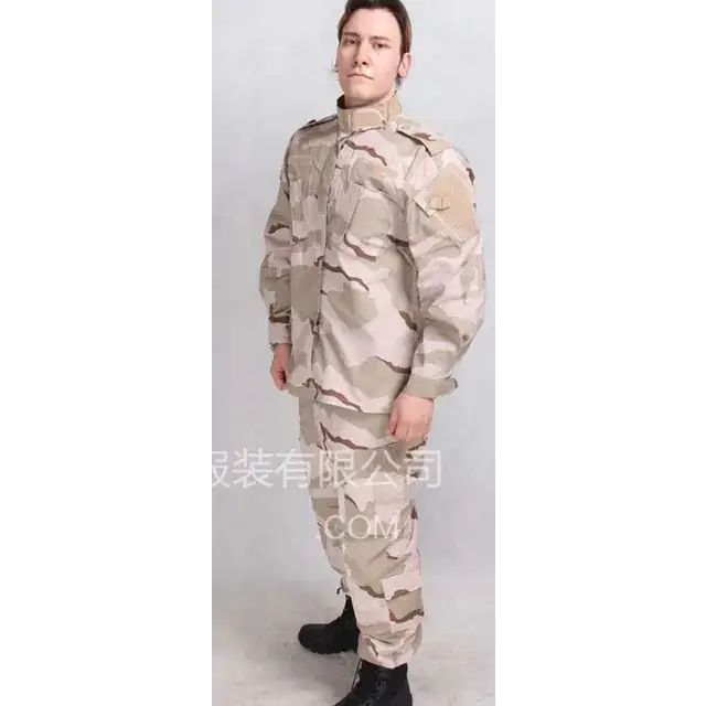 Beige and tan desert camouflage military uniform set.