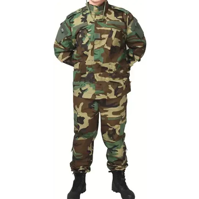 Camouflage military uniform in green, brown, and black pattern.
