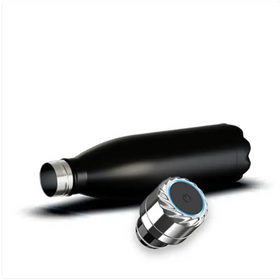 Black insulated water bottle with a silver-toned, textured cap featuring a glowing blue circular accent.