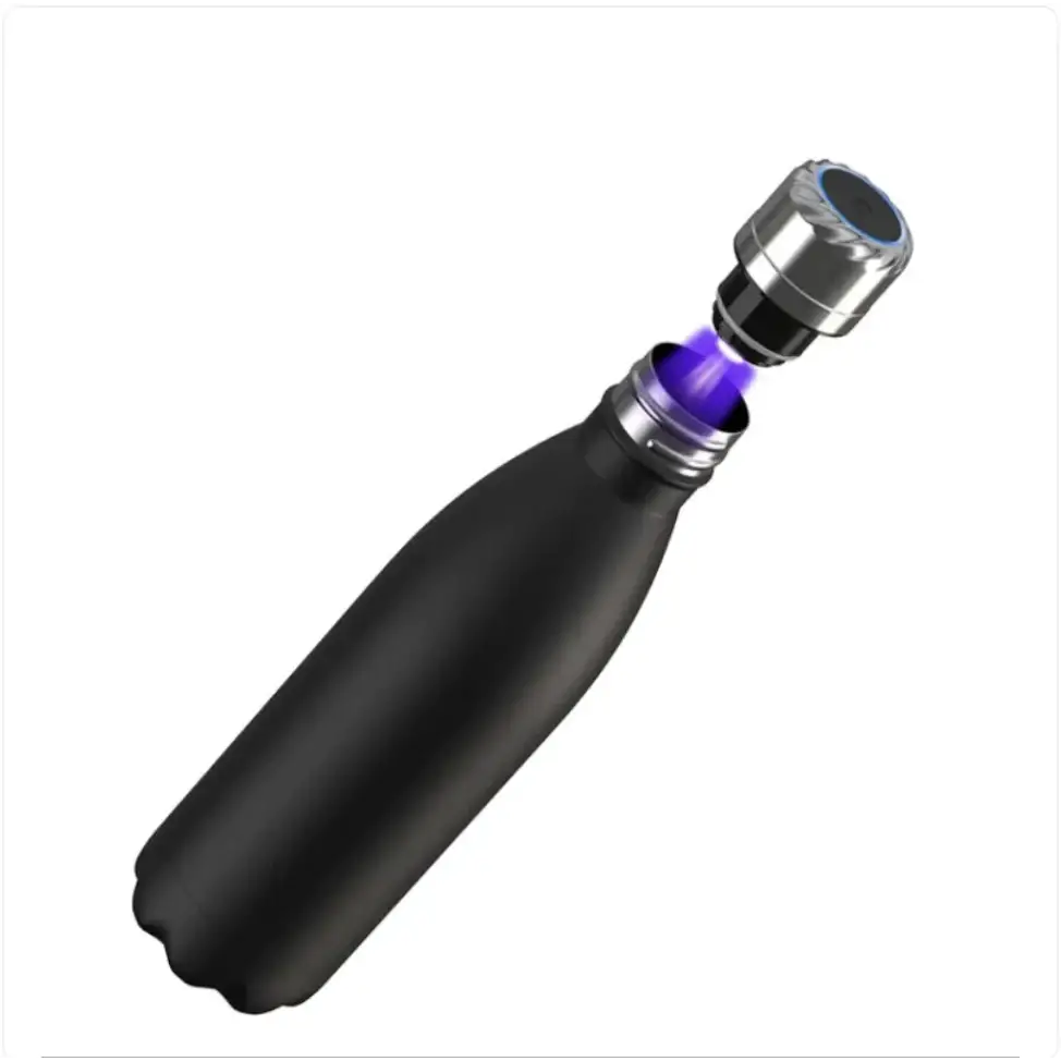 Black matte-finish stainless steel water bottle with a silver-toned lid emitting a purple glow.