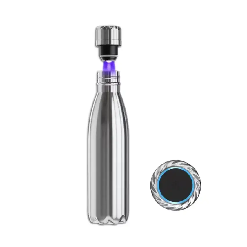 Silver stainless steel water bottle with a textured screw-top lid emitting purple light and an accompanying circular magnetic base.