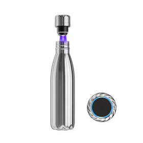 Silver stainless steel water bottle with a textured screw-top lid emitting purple light and an accompanying circular magnetic base.