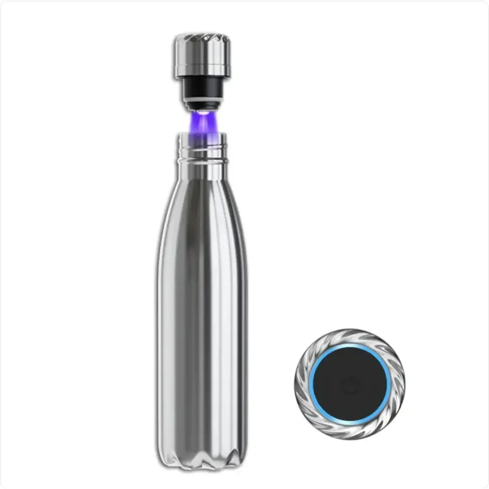 Silver stainless steel water bottle with a sleek, ribbed design and a black magnetic cap emitting a purple glow.