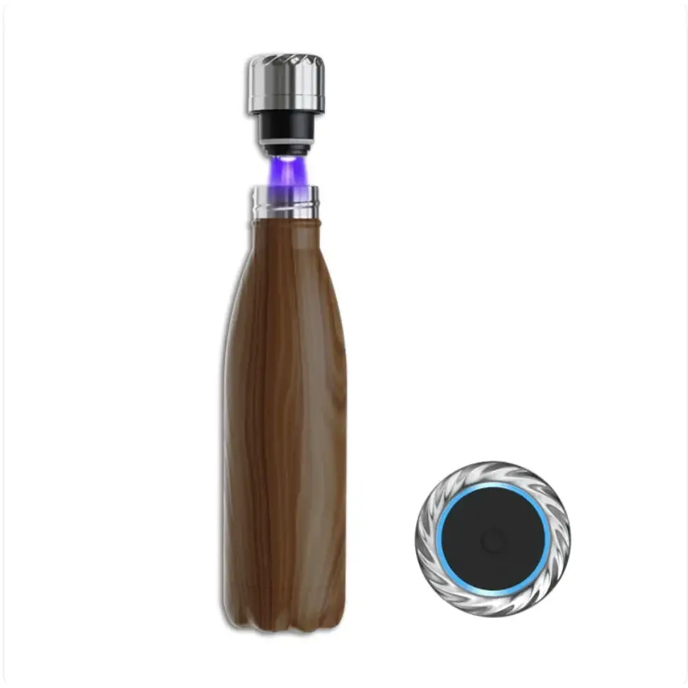 Brown wood-grain insulated water bottle with a silver metallic cap emitting purple light and an accompanying circular base.