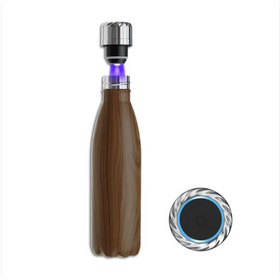 Brown wood-grain insulated water bottle with a silver metallic cap emitting purple light and an accompanying circular base.