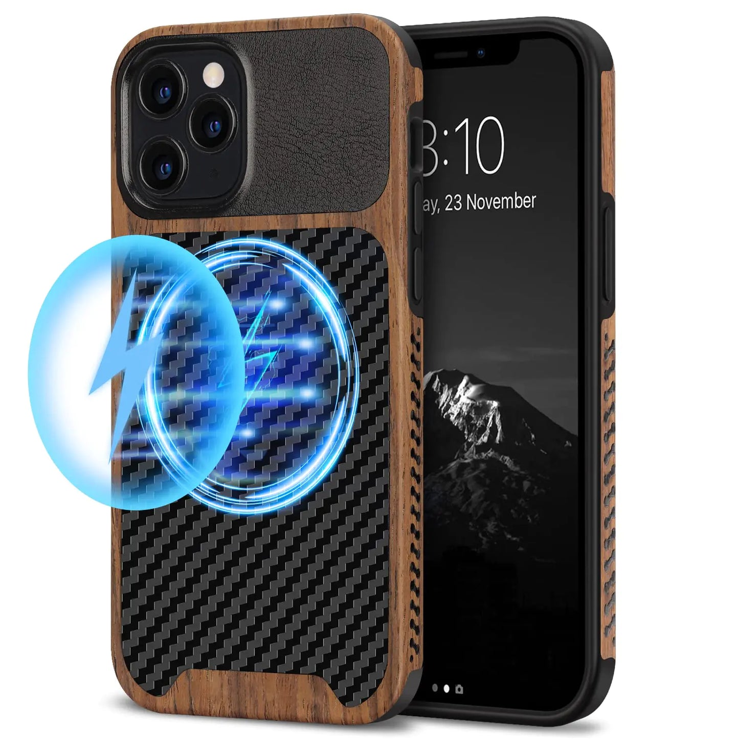 TENDLIN Compatible with iPhone 12 Case/iPhone 12 Pro Case Wood Grain with Carbon Fiber Texture Design Leather Hybrid Case Black - Joomcy