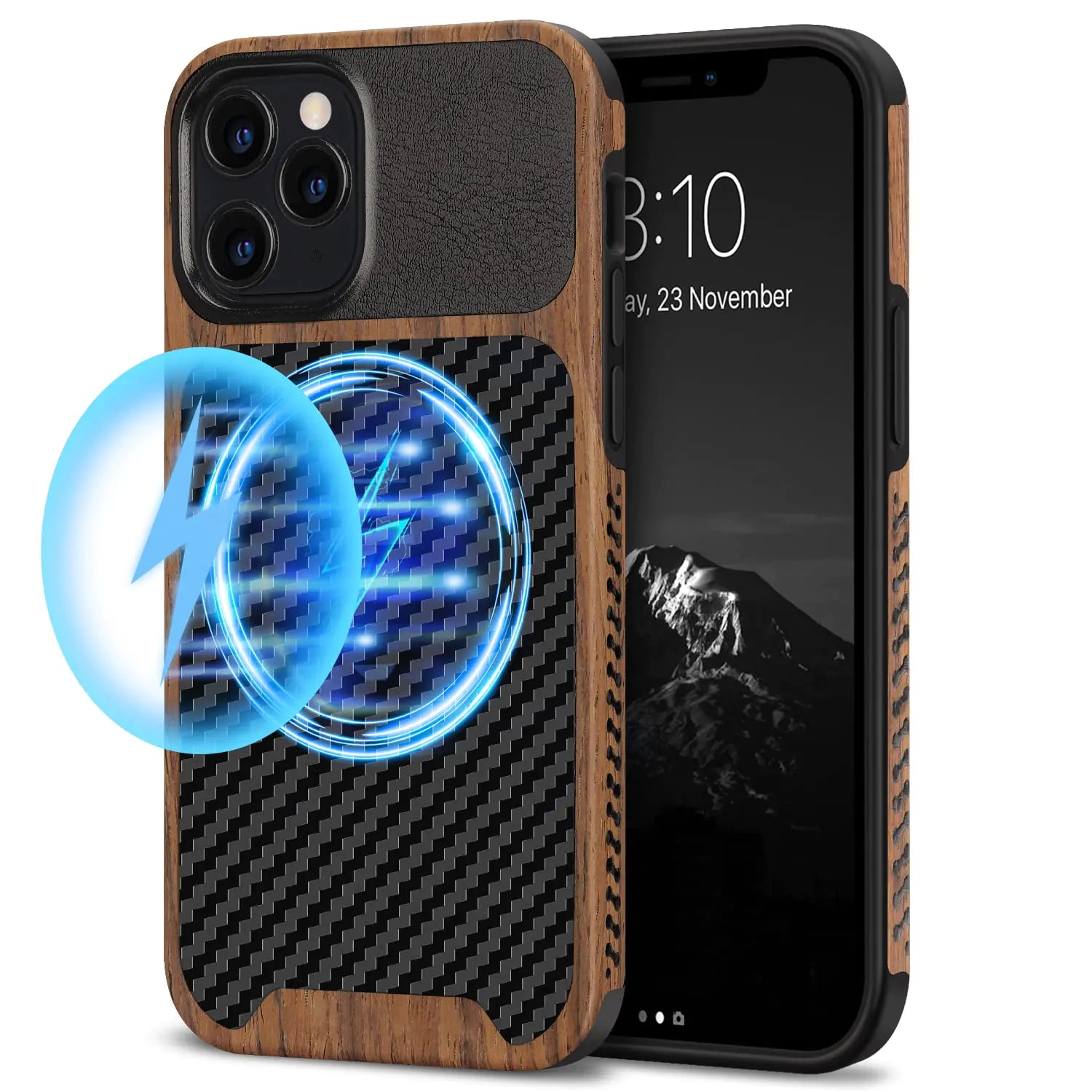 TENDLIN Compatible with iPhone 12 Case/iPhone 12 Pro Case Wood Grain with Carbon Fiber Texture Design Leather Hybrid Case Black - Joomcy