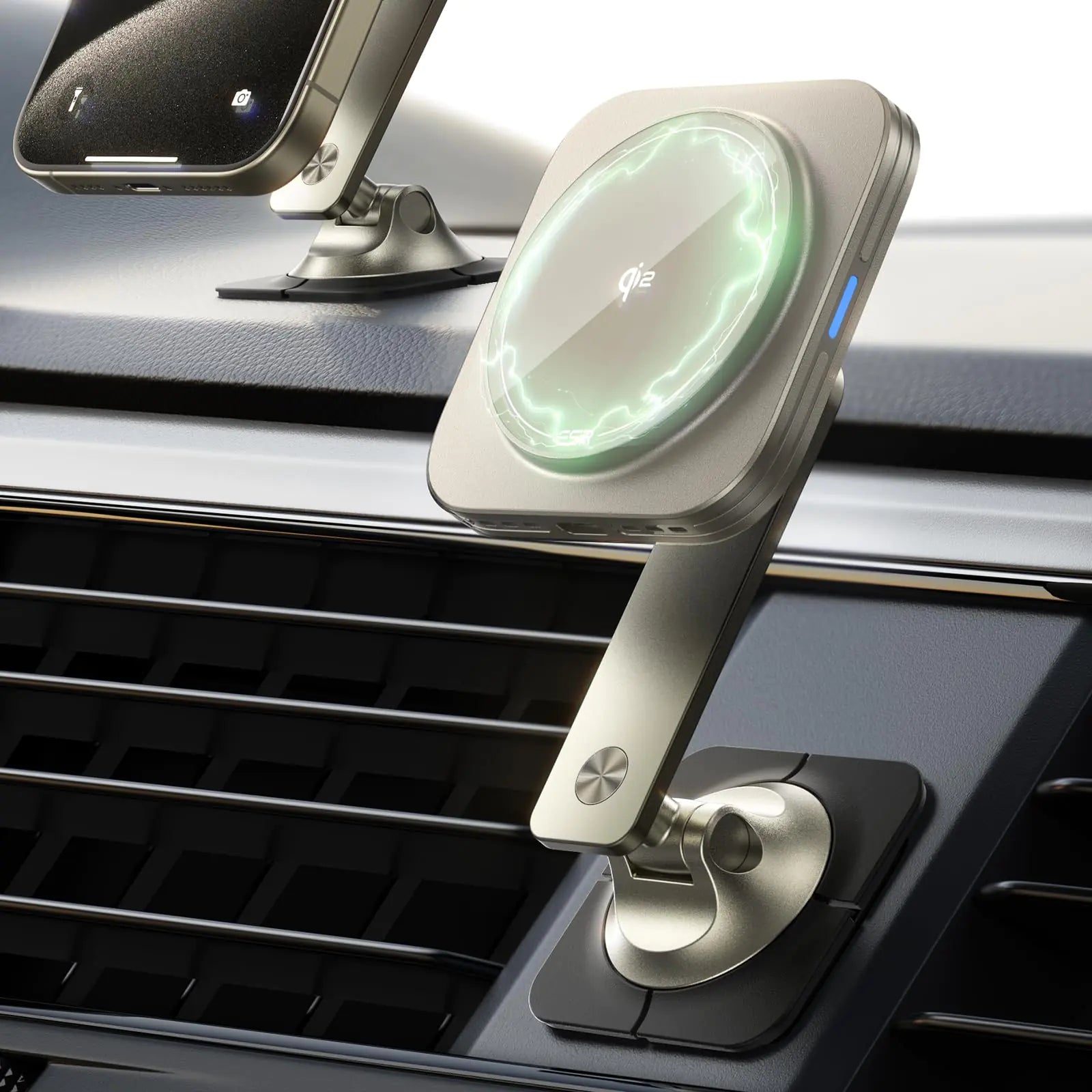 ESR for Qi2 15W MagSafe Car Mount Charger Qi2-Certified Universal Dashboard/Tesla MagSafe Car Charger Magnetic Wireless Car Charger Adjustable Car Phone Holder for iPhone 16/15/14/13/12 Titanium