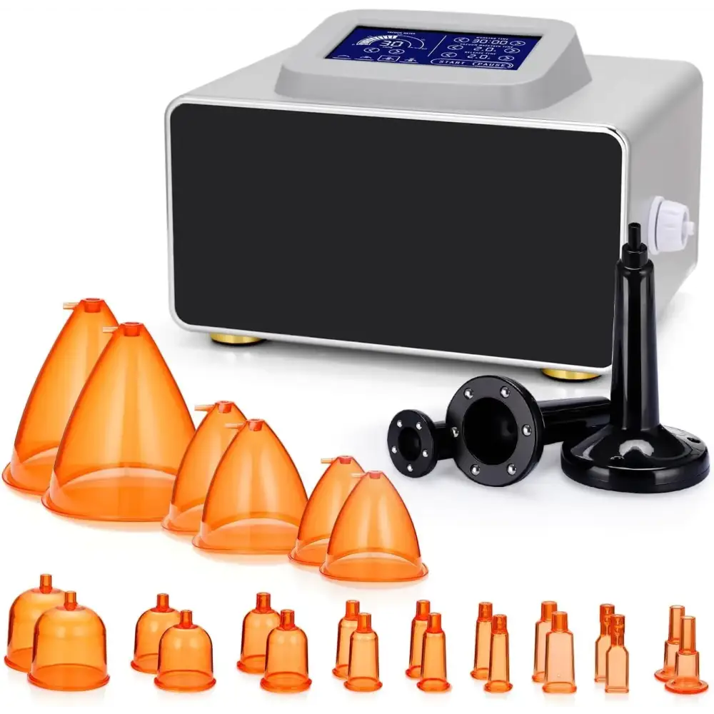 Silver and black suction device with orange plastic cups of varying sizes.