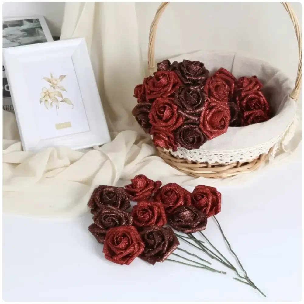 A basket filled with glittery red and dark burgundy foam roses, nestled in a cream-colored lace-lined wicker basket.