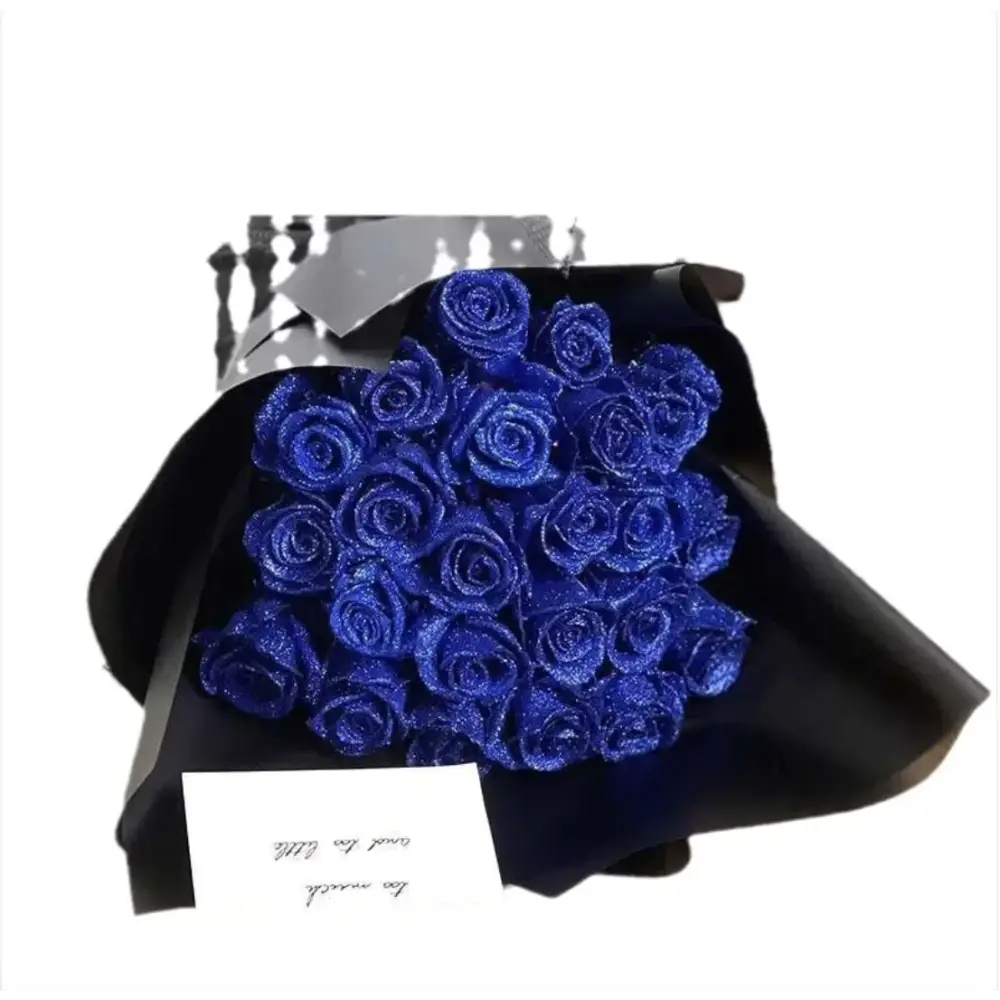 A bouquet of vibrant, glittering royal blue roses wrapped in sleek black paper.