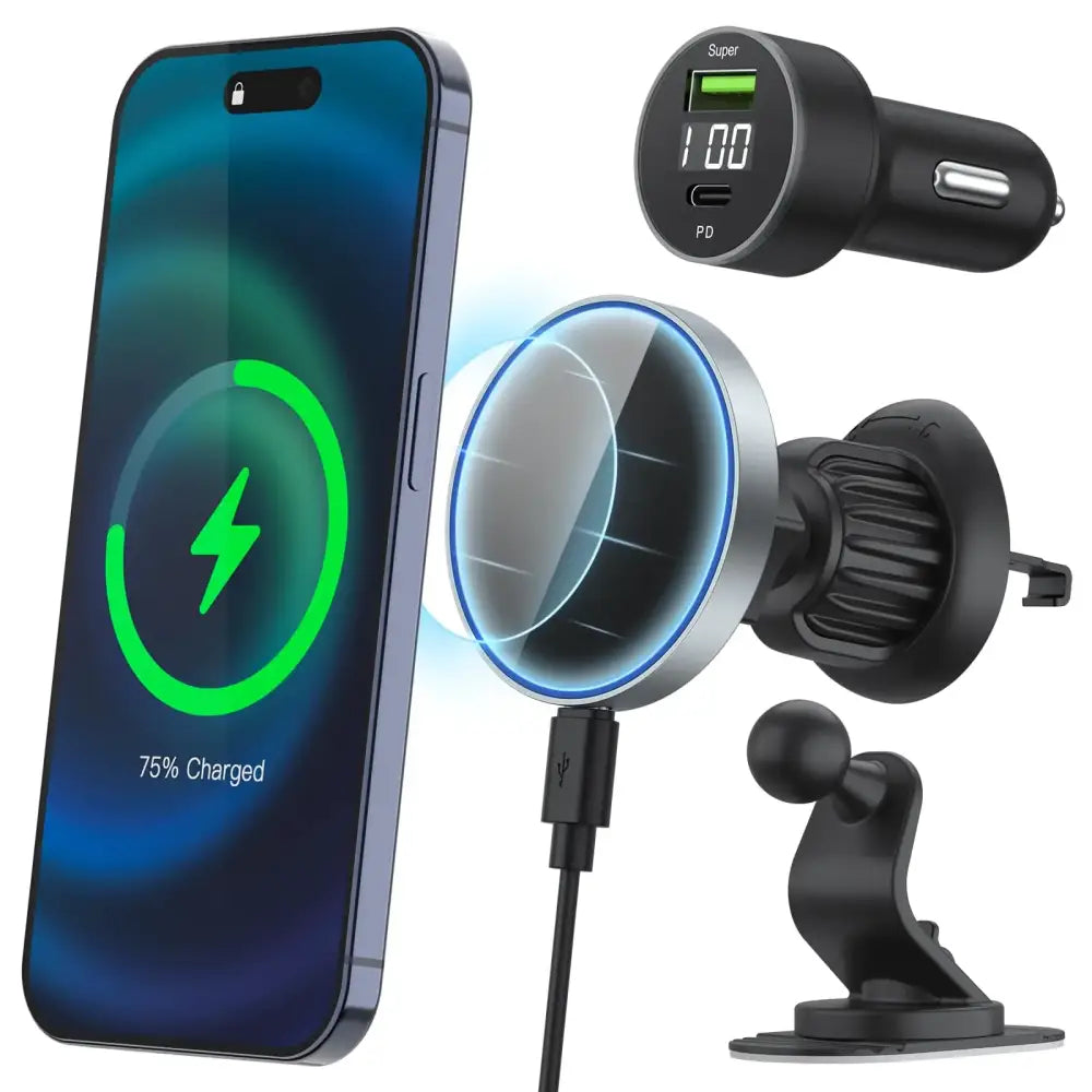 Black and silver wireless phone charger with car mount and usb-c adapter