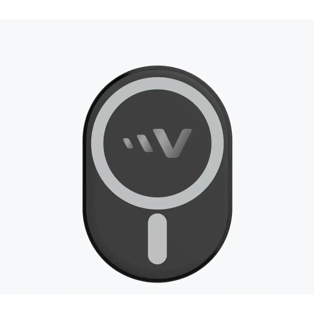 Black oval-shaped wireless charging pad with a silver circular logo and vertical button.