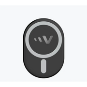 Black oval-shaped wireless charging pad with a silver circular logo and vertical button.