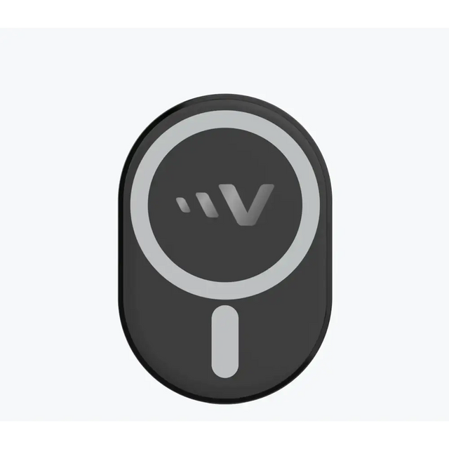 Black oval-shaped wireless charging pad with a silver circular logo and vertical button.