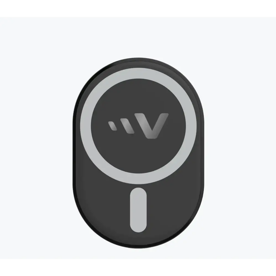 Black oval-shaped wireless charging pad with a silver circular logo and vertical button.