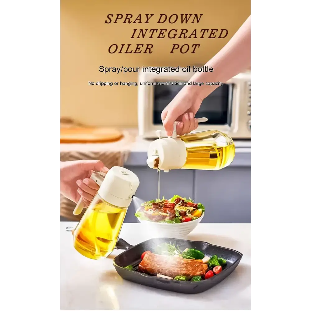 Clear glass spray-down integrated oiler pot with a white plastic pump and handle, filled with golden-yellow cooking oil.