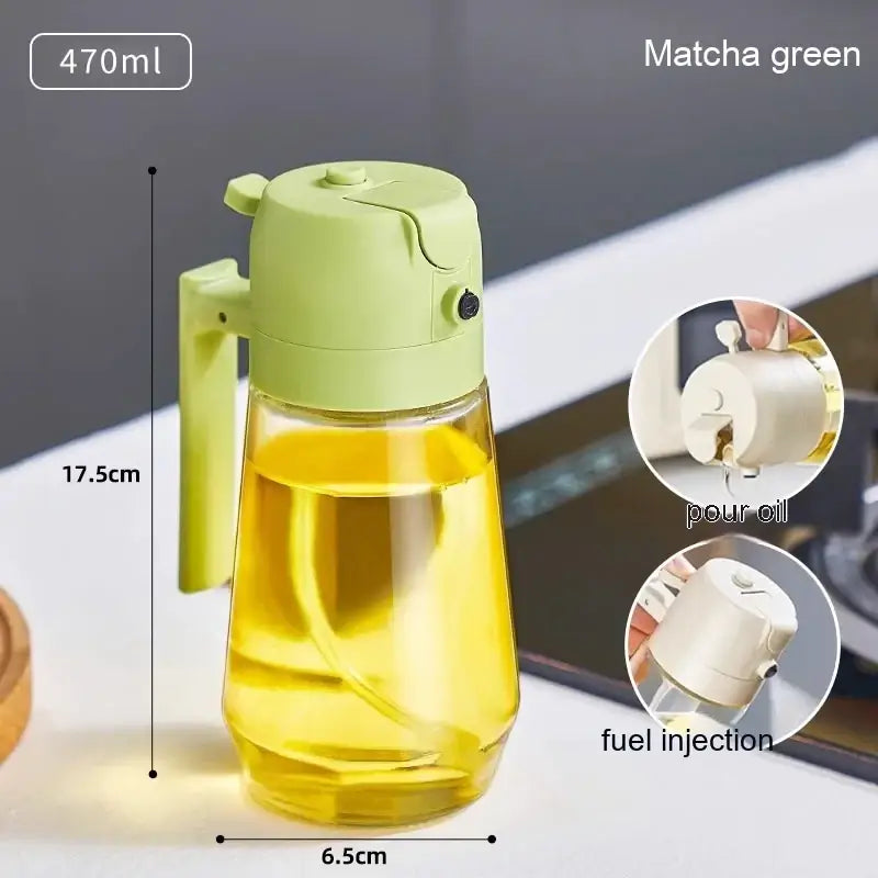 Matcha green 470ml oil dispenser with a clear glass body and a lime-green plastic pump handle.