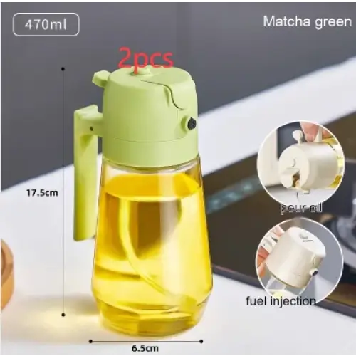 Matcha green 470ml oil dispenser with a sleek, ergonomic handle and transparent glass body.