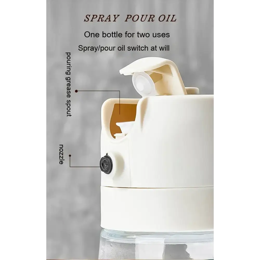 White dual-function spray-pour oil bottle with a flip-top cap and black nozzle.