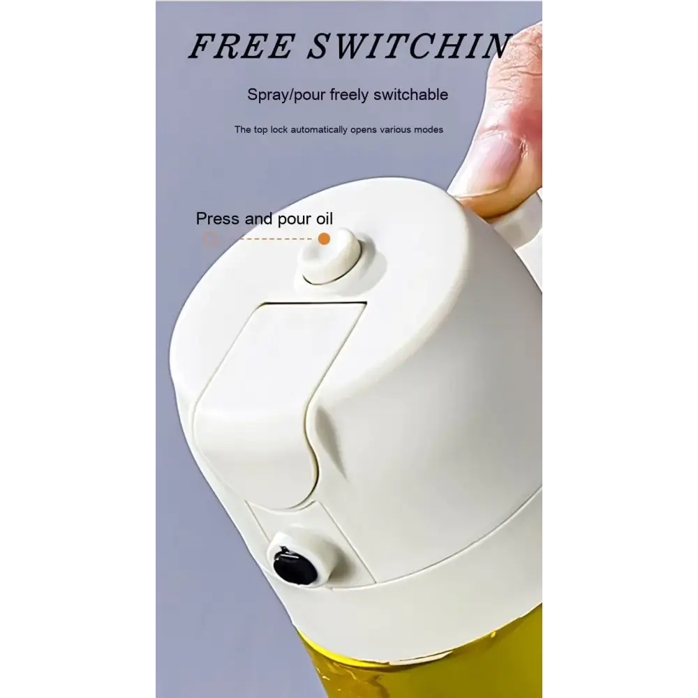 White plastic oil sprayer with a press-and-pour mechanism and dual-function top cap.