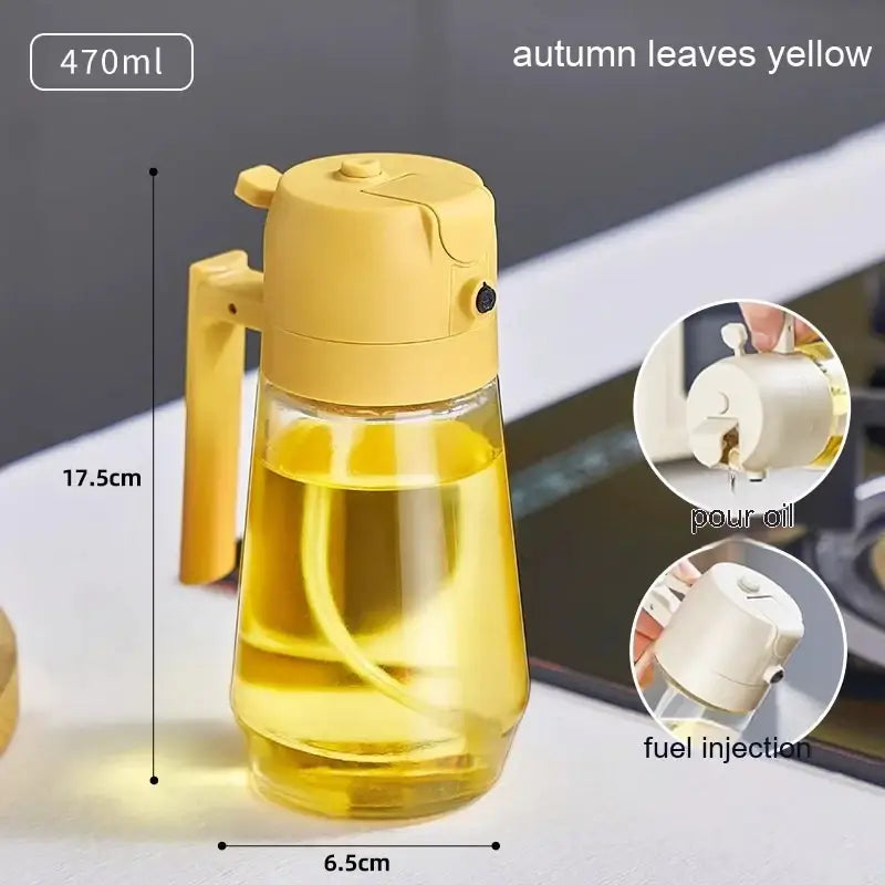 Yellow plastic oil dispenser with a clear glass body and handle, designed for precise pouring.