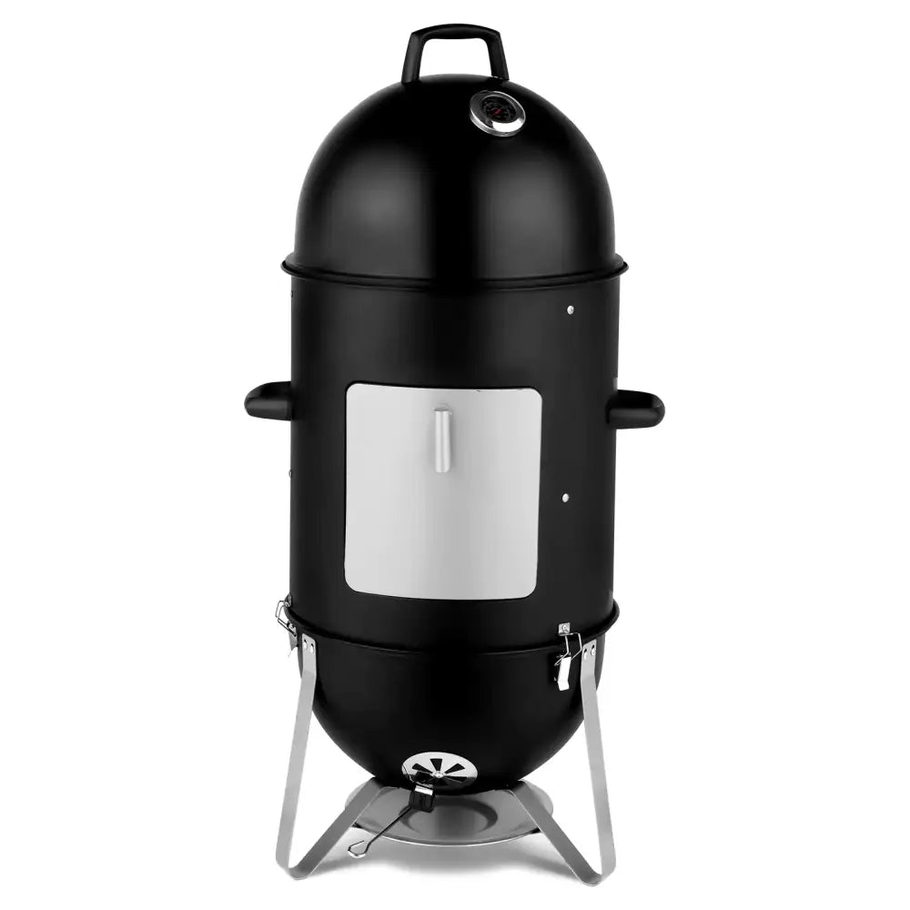 Black cylindrical smoker with a domed lid, silver accents on the door handle and base vent, standing on three metal legs.