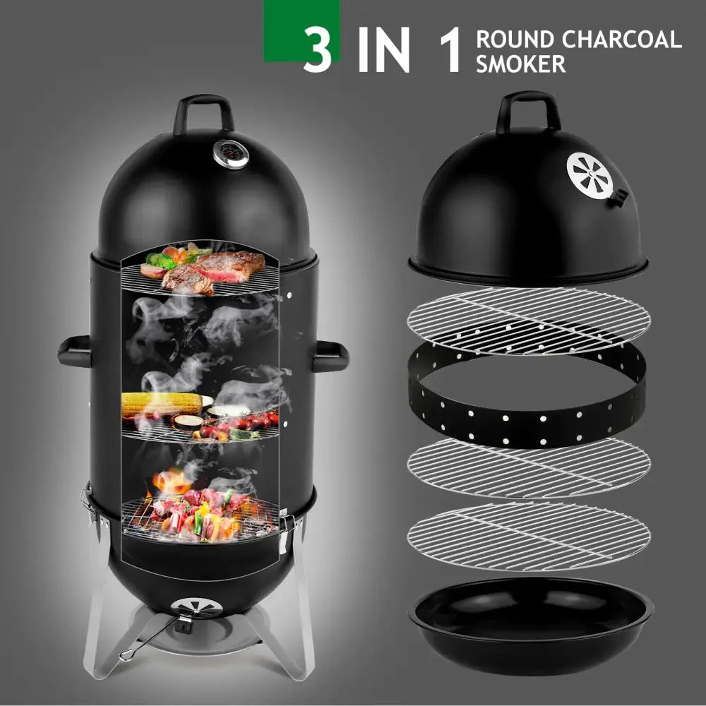 Black round charcoal smoker with three tiers of grilling racks and a detachable lid