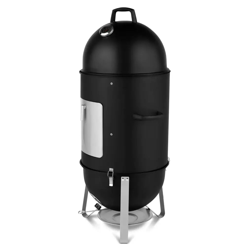 Black cylindrical smoker with a domed lid, stainless steel door and handle accents.