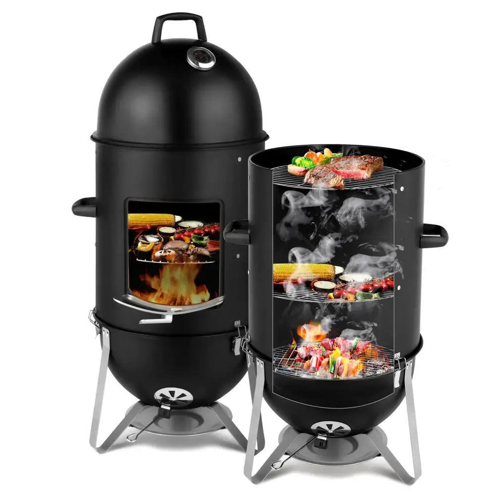 Black cylindrical smoker grill with a domed lid, stainless steel handles and base stand.