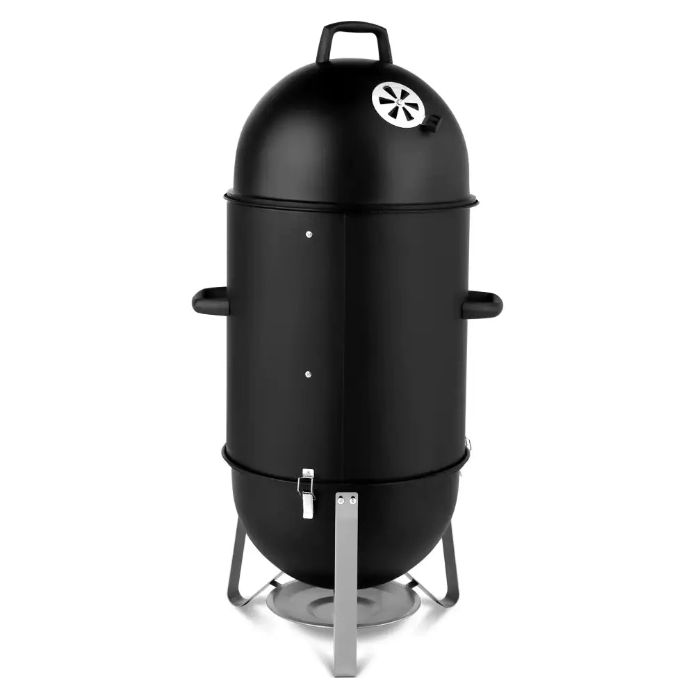 Black cylindrical smoker with a domed lid, side handles, and a silver metal stand.
