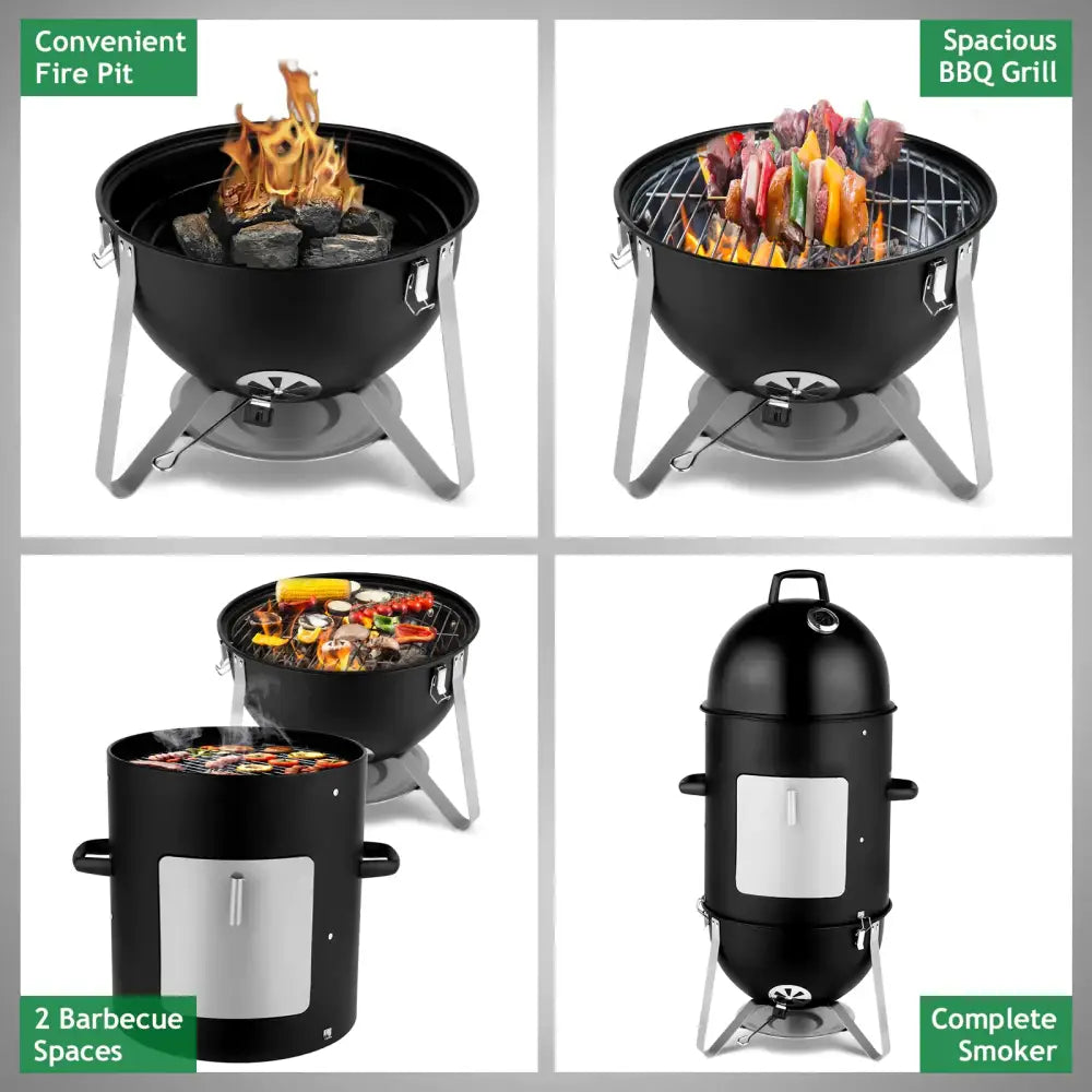 Black round charcoal grill with silver legs and a lid, featuring a wire rack for grilling.