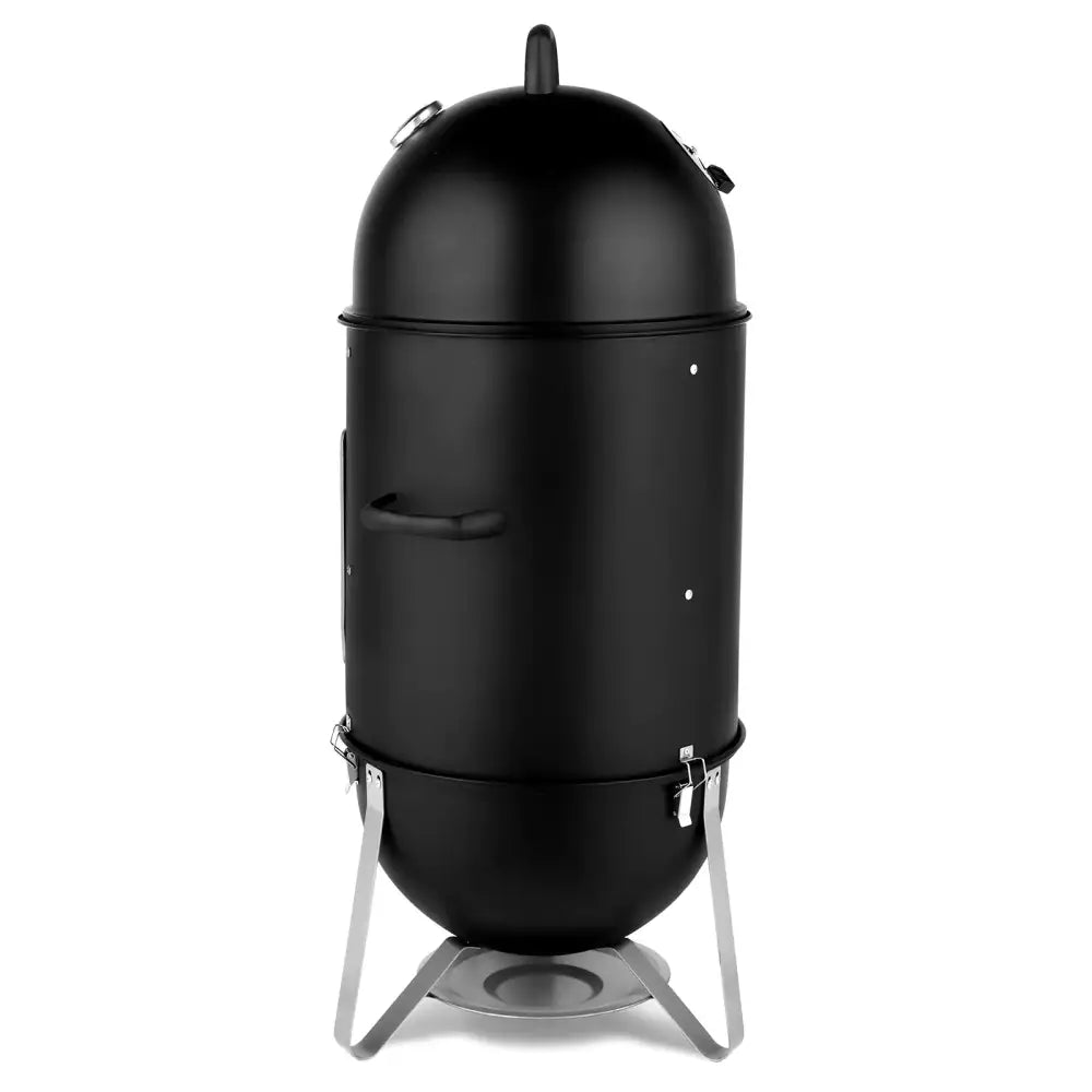 Black cylindrical smoker with a domed lid, stainless steel legs and base.